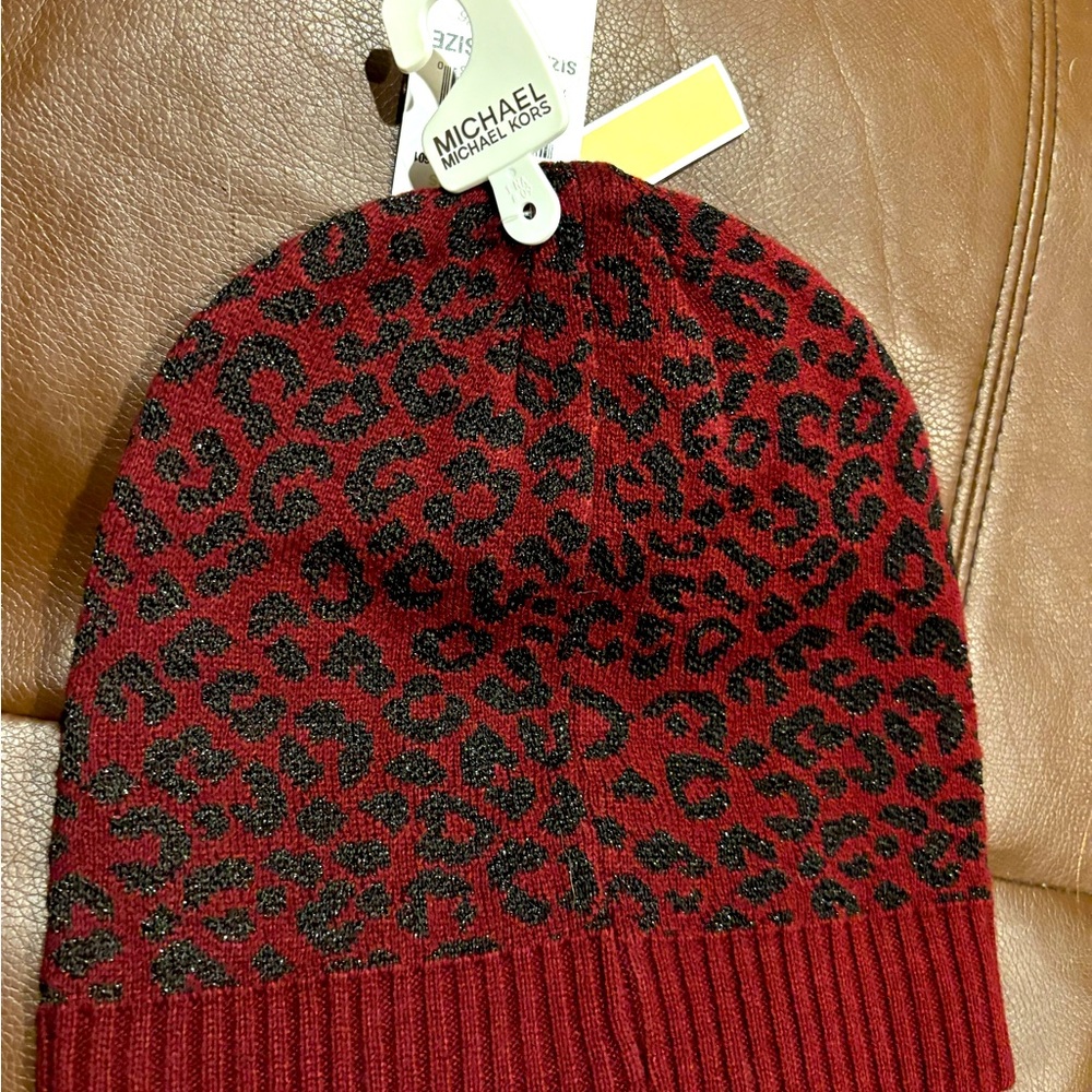 Michael Kors, winter red leopard beanie brand new